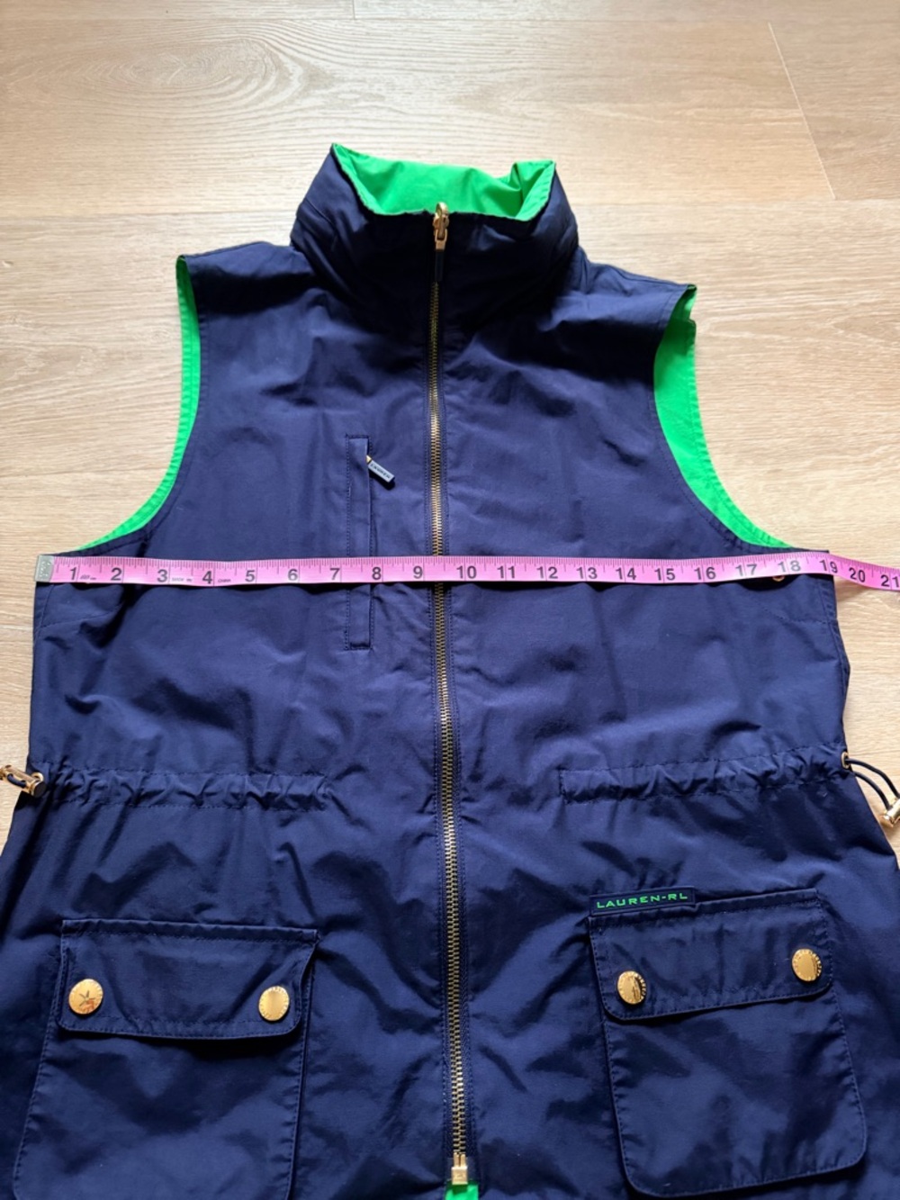 Vintage Y2K Lauren Ralph Lauren Reversible Vest Navy Green Hooded Gilet S–M (MP) - Picture 5 of 6